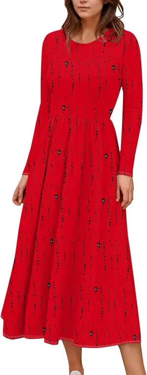 Womens Comfortable Fashion Solid Color Long Dress Crew Neck Long Sleeve Trendy Summer Dresses