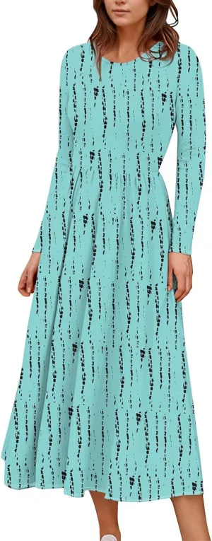 Womens Comfortable Fashion Solid Color Long Dress Crew Neck Long Sleeve Trendy Summer Dresses