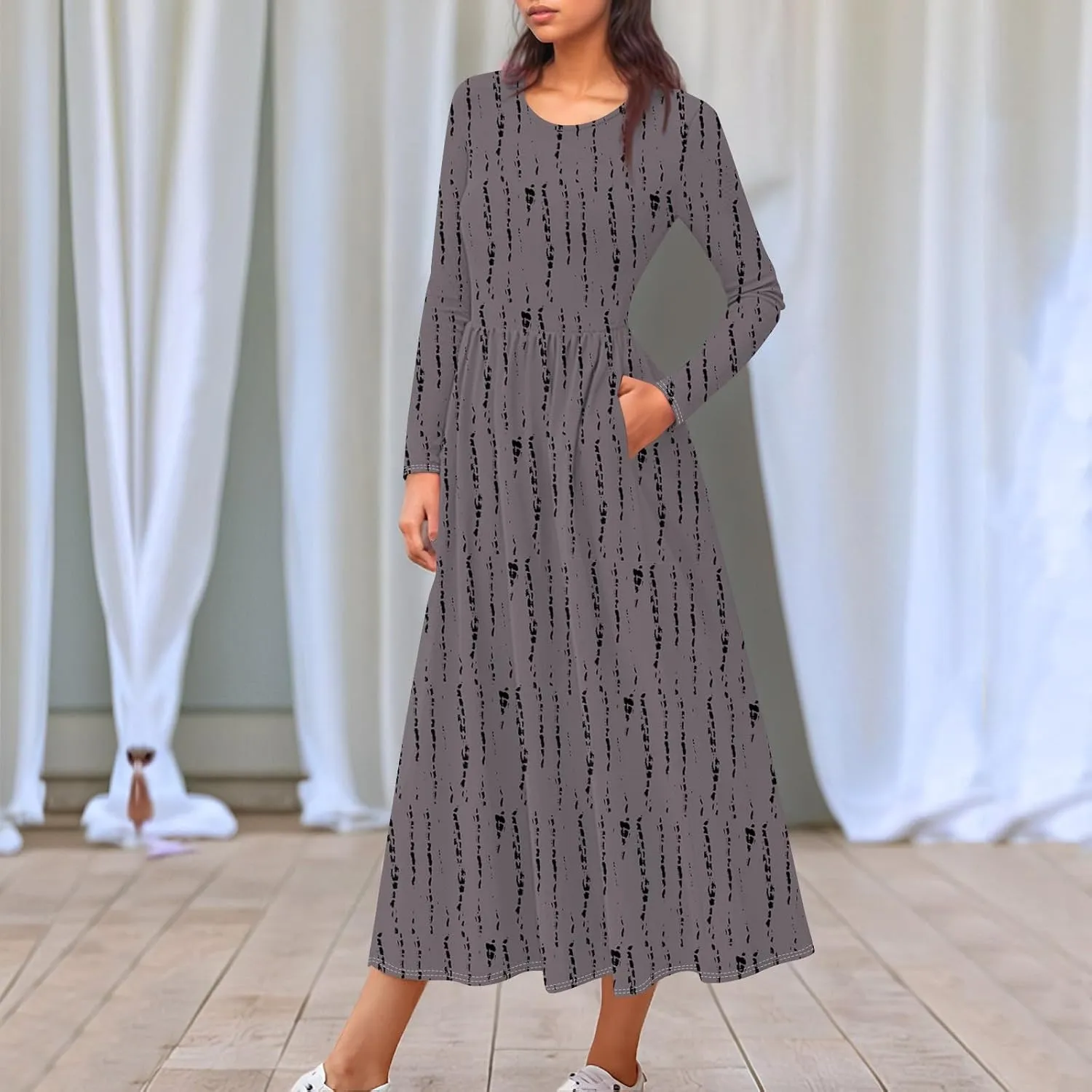 Womens Comfortable Fashion Solid Color Long Dress Crew Neck Long Sleeve Trendy Summer Dresses