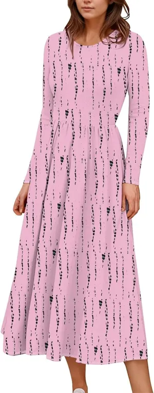 Womens Comfortable Fashion Solid Color Long Dress Crew Neck Long Sleeve Trendy Summer Dresses