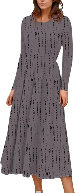 Womens Comfortable Fashion Solid Color Long Dress Crew Neck Long Sleeve Trendy Summer Dresses