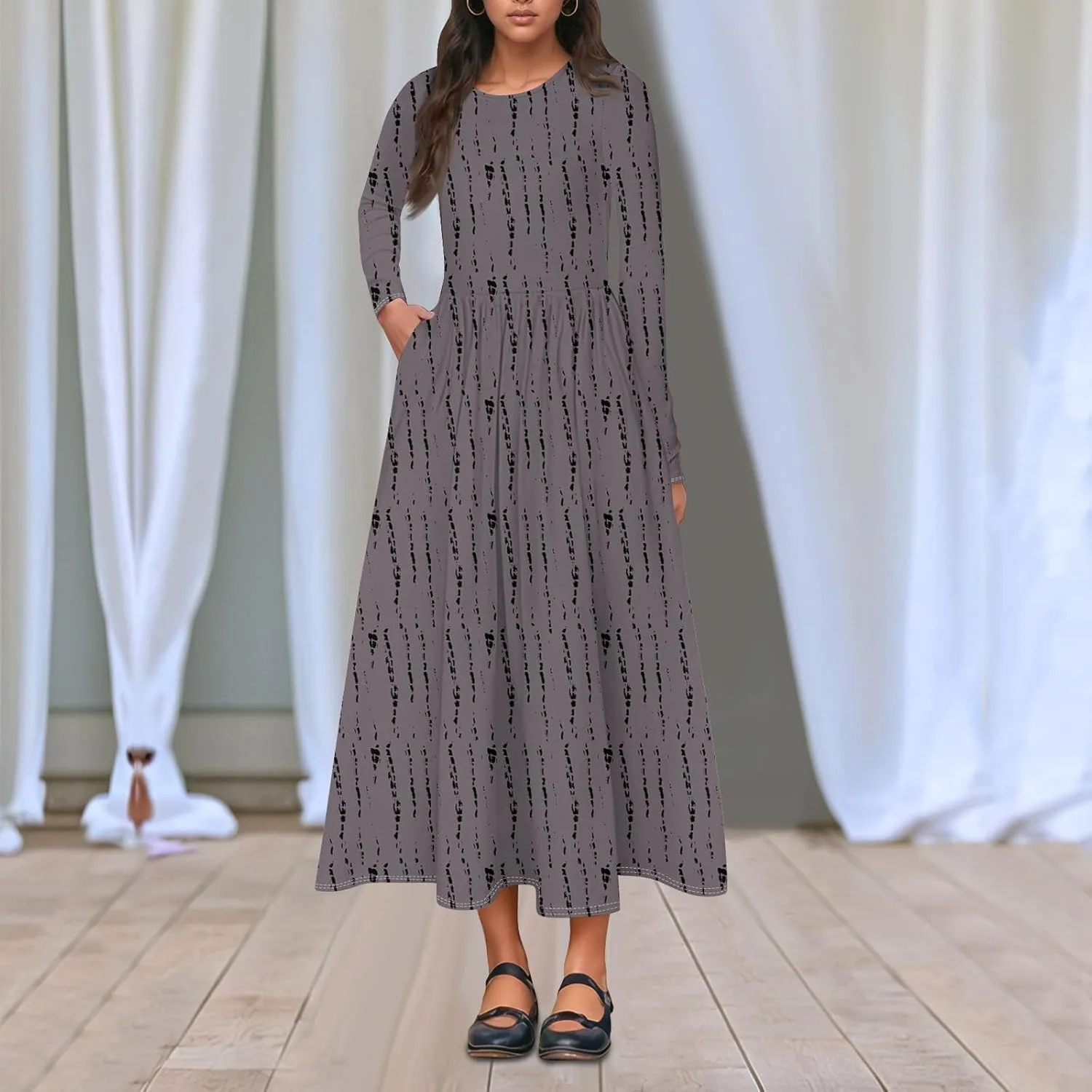 Womens Comfortable Fashion Solid Color Long Dress Crew Neck Long Sleeve Trendy Summer Dresses