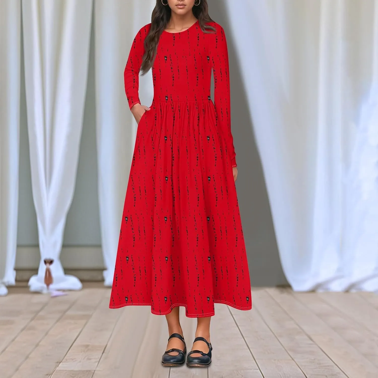 Womens Comfortable Fashion Solid Color Long Dress Crew Neck Long Sleeve Trendy Summer Dresses