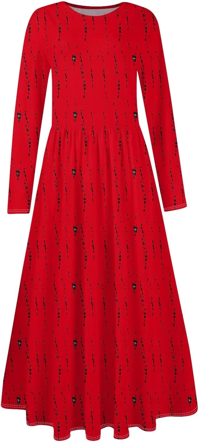 Womens Comfortable Fashion Solid Color Long Dress Crew Neck Long Sleeve Trendy Summer Dresses