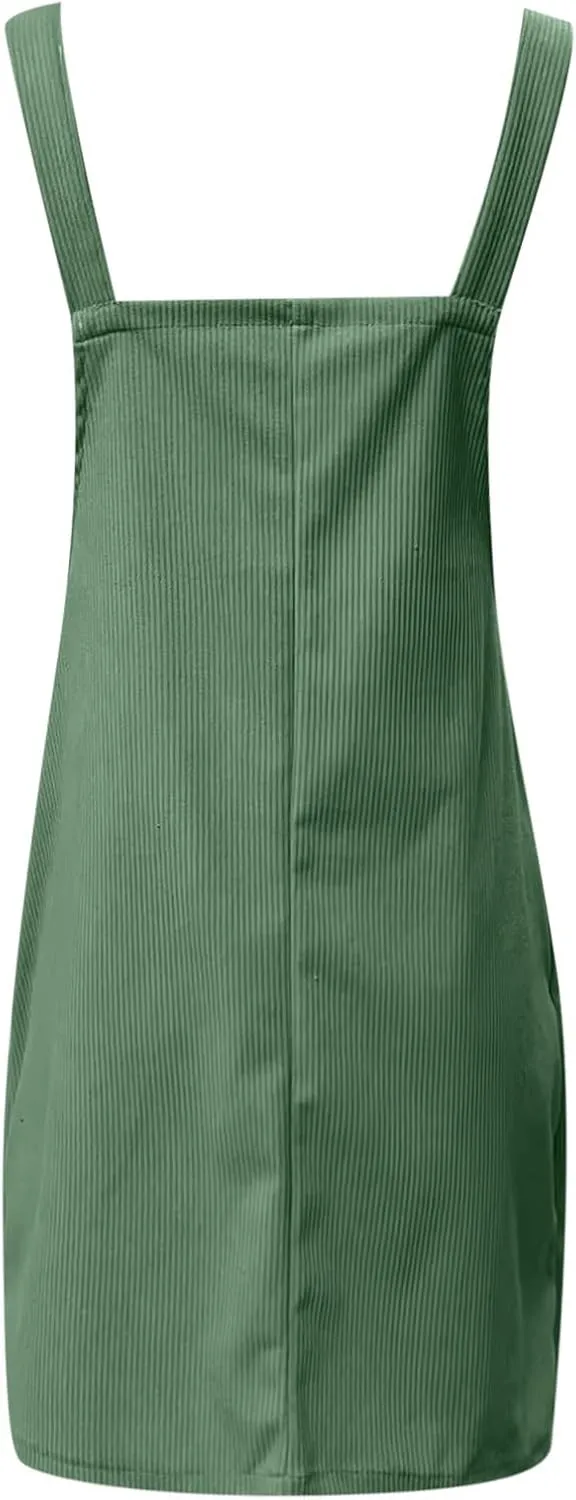 Women's Corduroy A Line Mini Dress Adjustable Button Down Strap Sundress Front Pockets Elegant Plain Cord Dresses