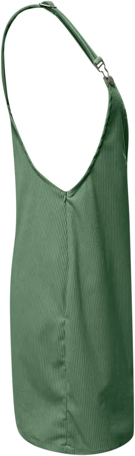 Women's Corduroy A Line Mini Dress Adjustable Button Down Strap Sundress Front Pockets Elegant Plain Cord Dresses