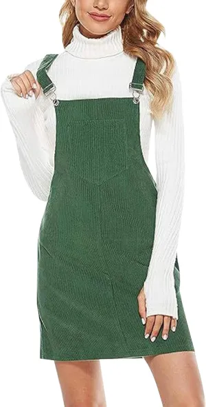 Women's Corduroy A Line Mini Dress Adjustable Button Down Strap Sundress Front Pockets Elegant Plain Cord Dresses