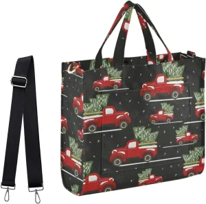 Womens Corduroy Handbag Vintage Christmas Trucks Pattern Satchel Bag with Shoulder Strap for Travel Beach Shopping