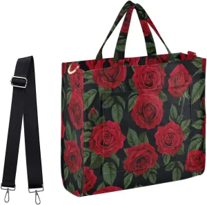 Womens Corduroy Handbag Vintage Red Rose Black Floral Satchel Bag with Shoulder Strap for Travel Beach Shopping