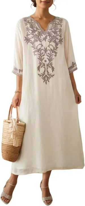 Womens Cotton Linen Maxi Dresses Ethnic Embroidered V Neck Boho Dress Spring Summer Beach Casual Flowy Long Dress S-XL