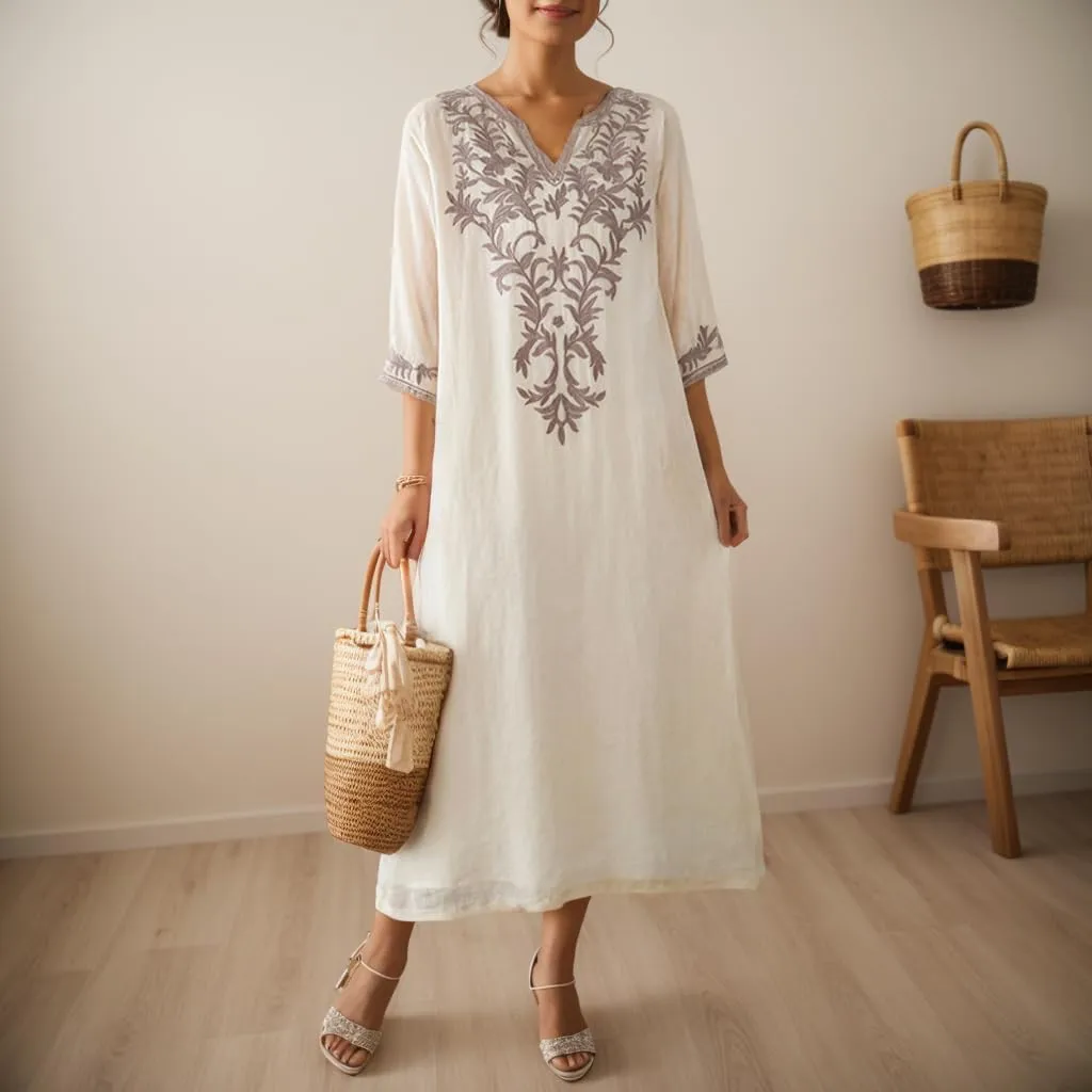 Womens Cotton Linen Maxi Dresses Ethnic Embroidered V Neck Boho Dress Spring Summer Beach Casual Flowy Long Dress S-XL