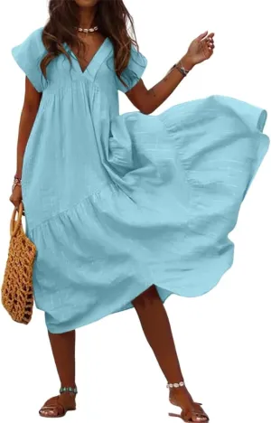 Women's Cotton Linen V Neck Tunic Dresses Summer Casual Loose Short Sleeve Flowy Swing Midi Dress Plus Size