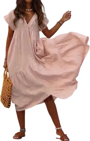 Women's Cotton Linen V Neck Tunic Dresses Summer Casual Loose Short Sleeve Flowy Swing Midi Dress Plus Size