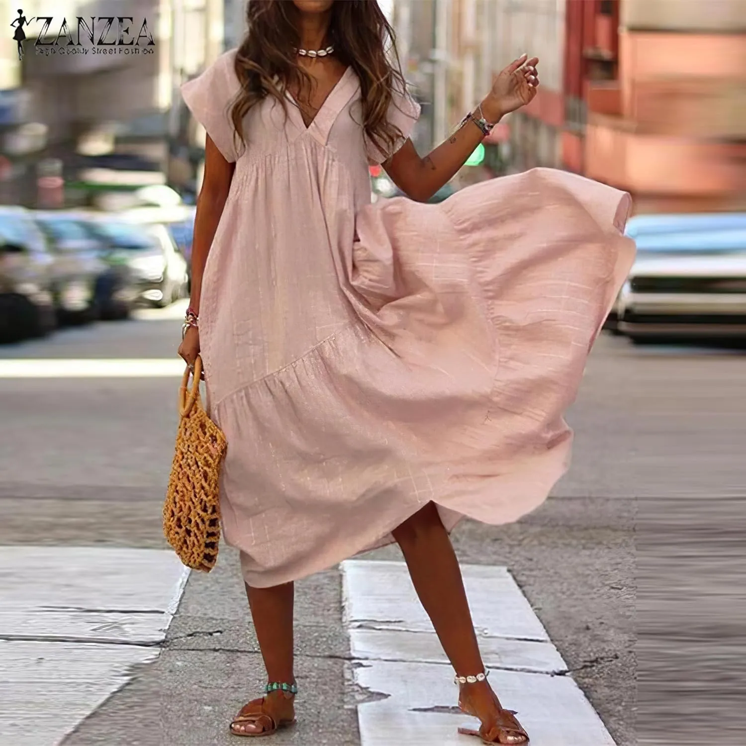 Women's Cotton Linen V Neck Tunic Dresses Summer Casual Loose Short Sleeve Flowy Swing Midi Dress Plus Size