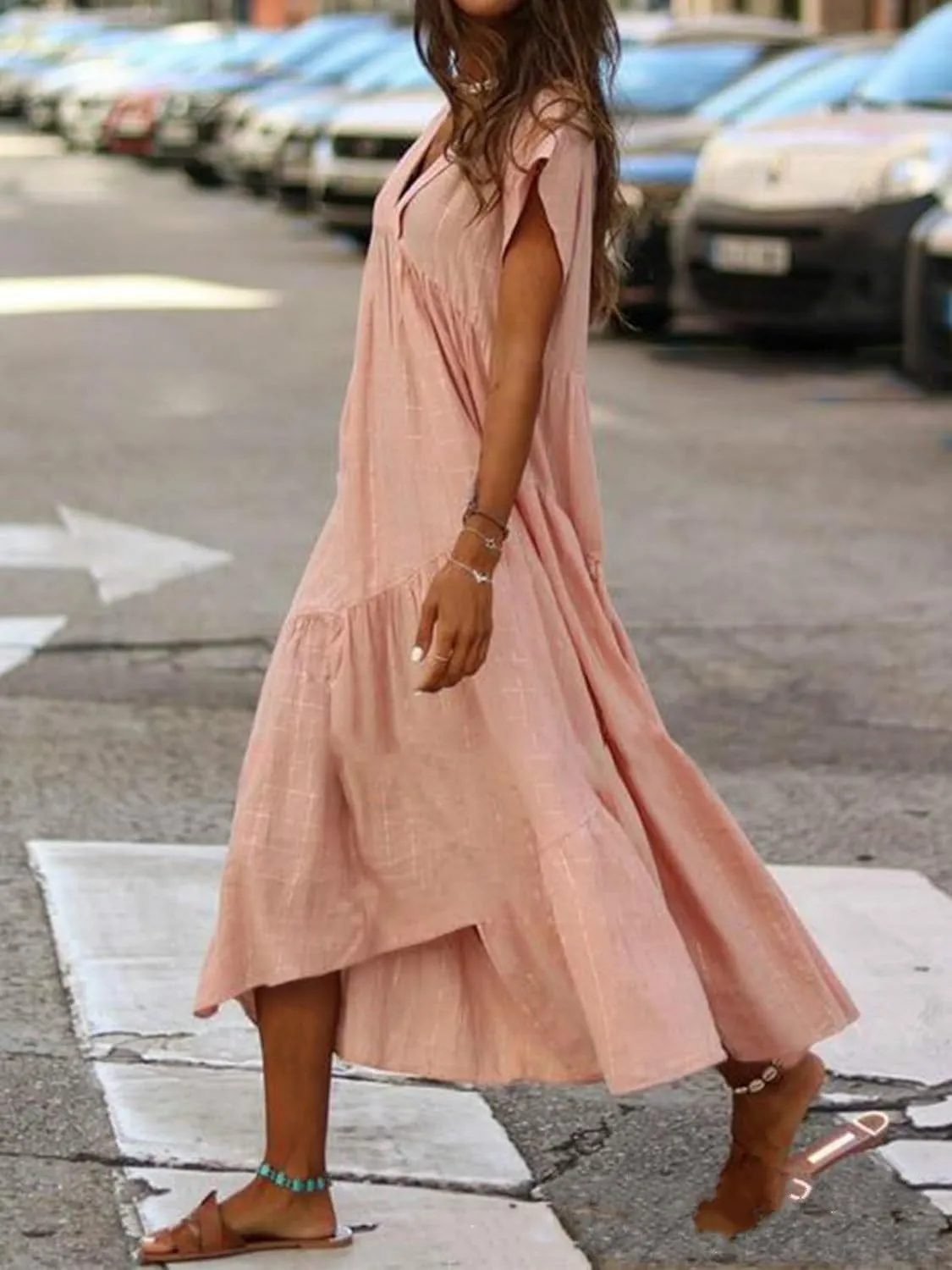 Women's Cotton Linen V Neck Tunic Dresses Summer Casual Loose Short Sleeve Flowy Swing Midi Dress Plus Size