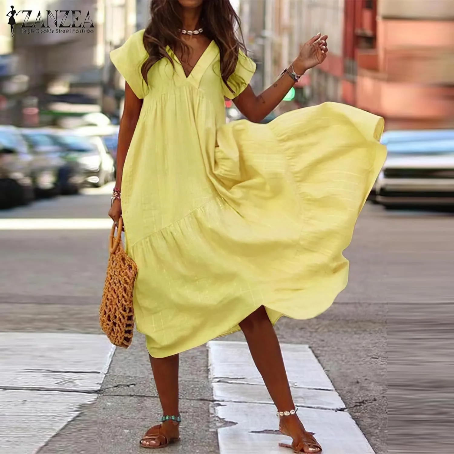 Women's Cotton Linen V Neck Tunic Dresses Summer Casual Loose Short Sleeve Flowy Swing Midi Dress Plus Size