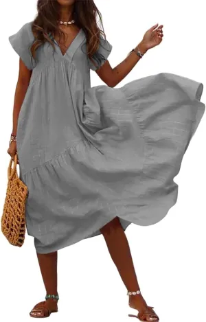 Women's Cotton Linen V Neck Tunic Dresses Summer Casual Loose Short Sleeve Flowy Swing Midi Dress Plus Size