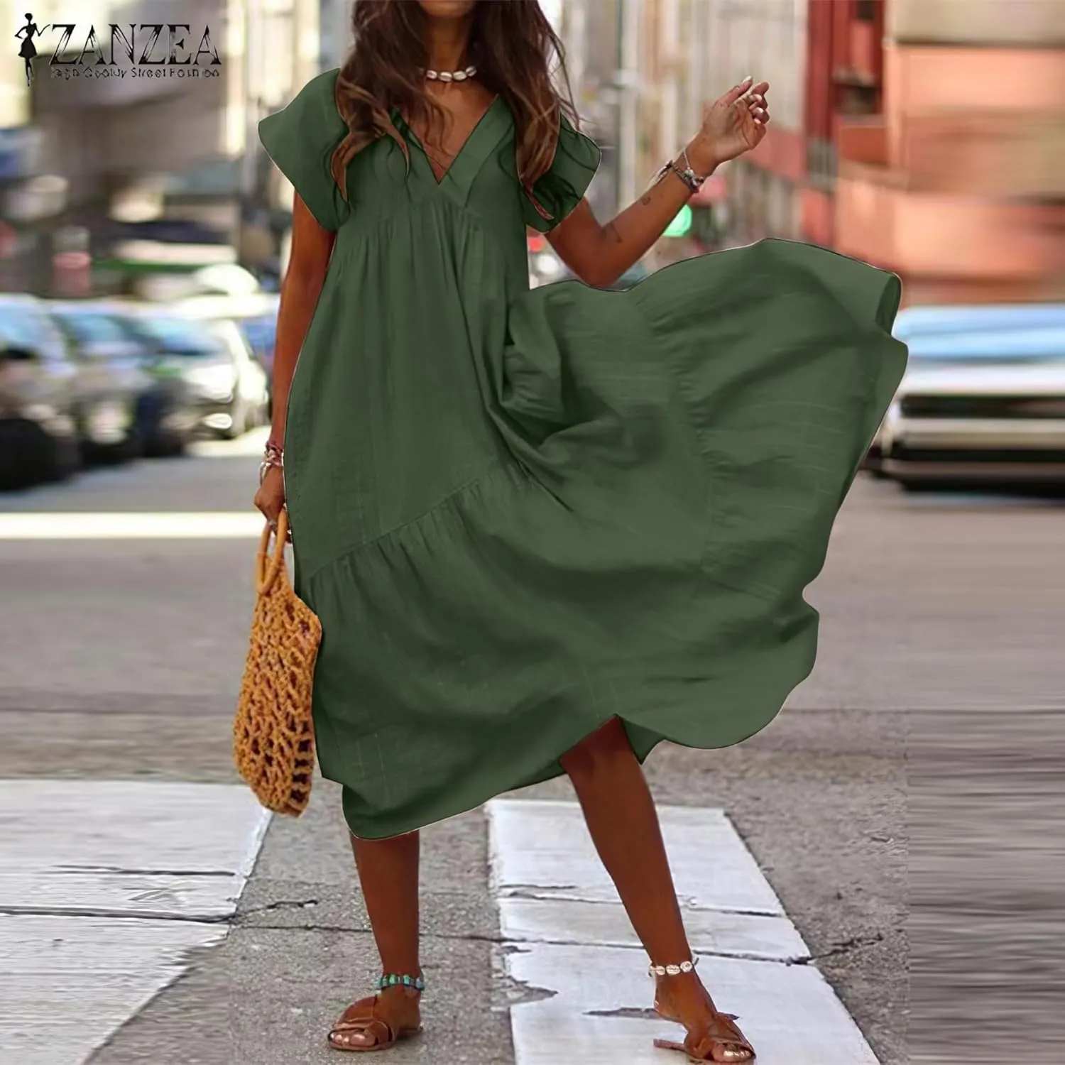 Women's Cotton Linen V Neck Tunic Dresses Summer Casual Loose Short Sleeve Flowy Swing Midi Dress Plus Size