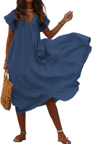 Women's Cotton Linen V Neck Tunic Dresses Summer Casual Loose Short Sleeve Flowy Swing Midi Dress Plus Size