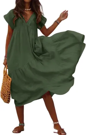 Women's Cotton Linen V Neck Tunic Dresses Summer Casual Loose Short Sleeve Flowy Swing Midi Dress Plus Size