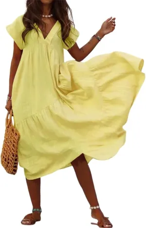 Women's Cotton Linen V Neck Tunic Dresses Summer Casual Loose Short Sleeve Flowy Swing Midi Dress Plus Size