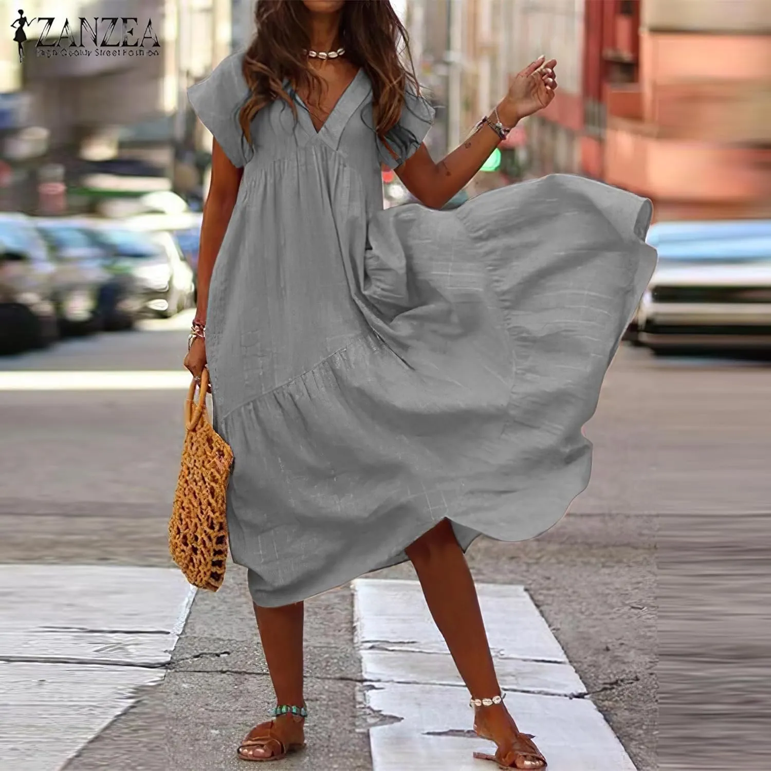 Women's Cotton Linen V Neck Tunic Dresses Summer Casual Loose Short Sleeve Flowy Swing Midi Dress Plus Size