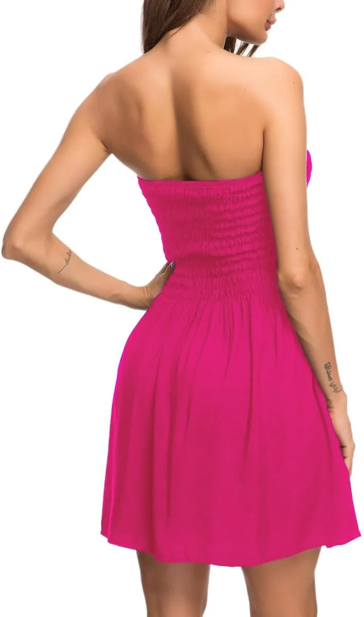 Women's Cover Up Tie Shoulder Frill Smocked High Waist Dresses Tube Top Beach Mini Dress 6605