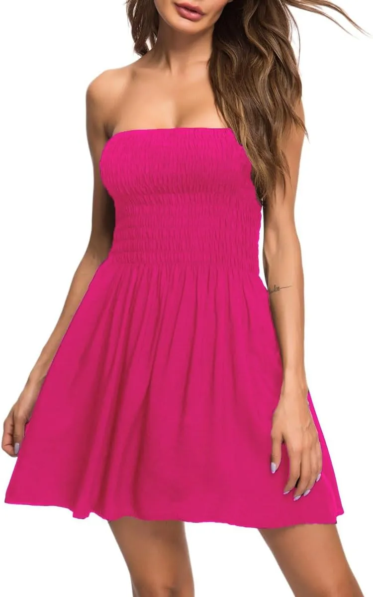 Women's Cover Up Tie Shoulder Frill Smocked High Waist Dresses Tube Top Beach Mini Dress 6605