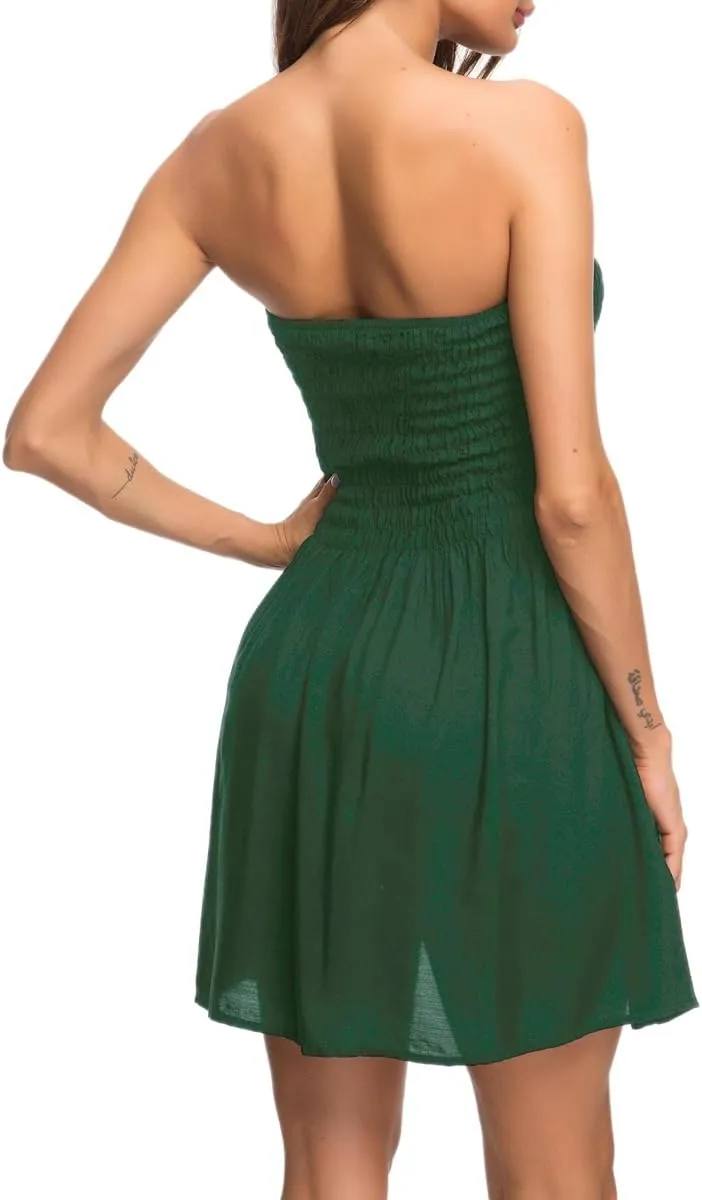 Women's Cover Up Tie Shoulder Frill Smocked High Waist Dresses Tube Top Beach Mini Dress 6605