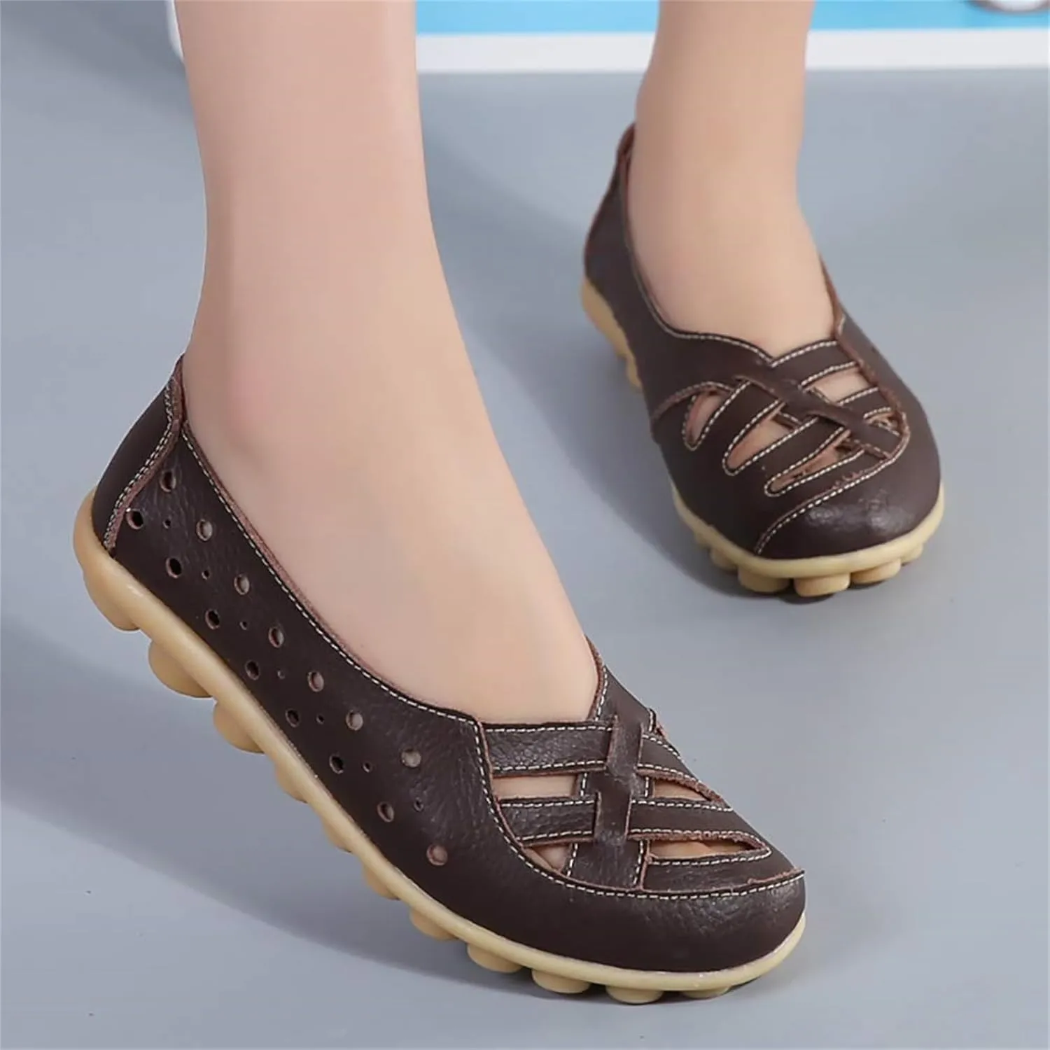 Women's Cowhide Leather Shoes Loafer Casual Slip On Shoe Driving Moccasins Closed Toe Boat Flats Walking Sandals