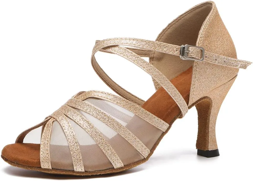 Womens Cross Strap Latin Dance Shoes Open Toe Suede Sole Ballroom Salsa Performance Dancing Shoes
