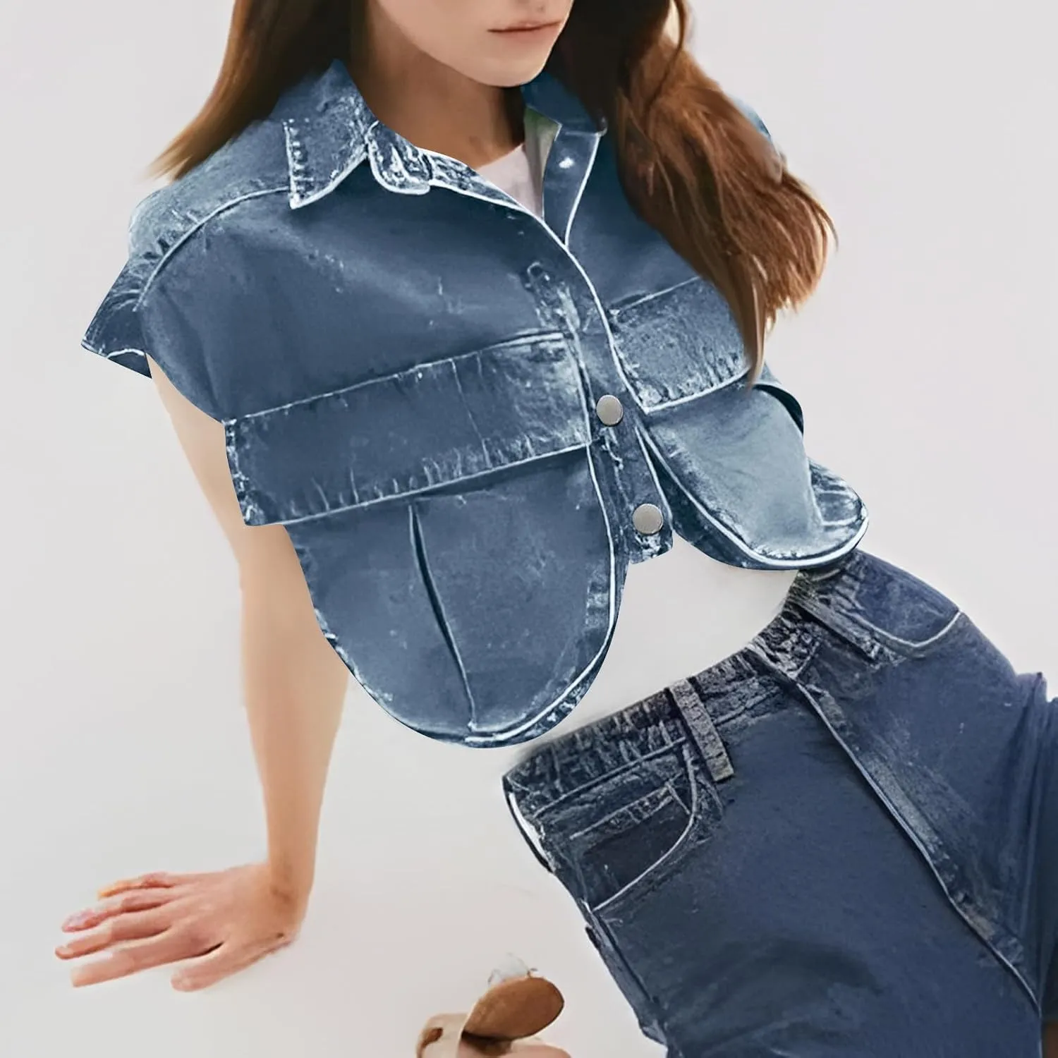 Womens Denim Vest Classic Cropped Distressed Button Down Lapel Collar Sleeveless Jean Jacket Fashion Y2K Streetwear