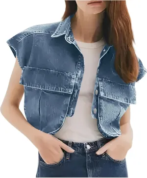 Womens Denim Vest Classic Cropped Distressed Button Down Lapel Collar Sleeveless Jean Jacket Fashion Y2K Streetwear