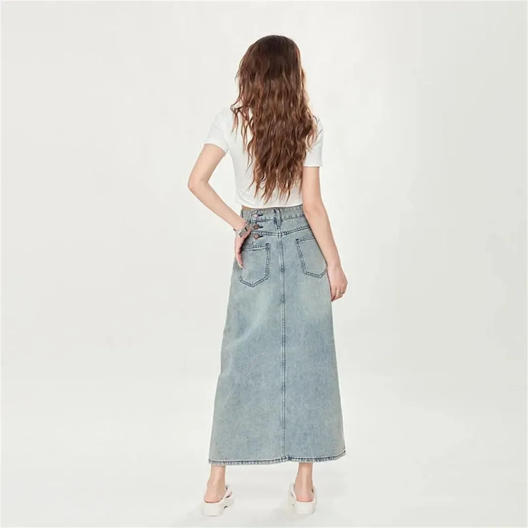 Women's Design High-Waisted Side Slit Denim Loose Fit Slimming A- Line Medium Length Skirt