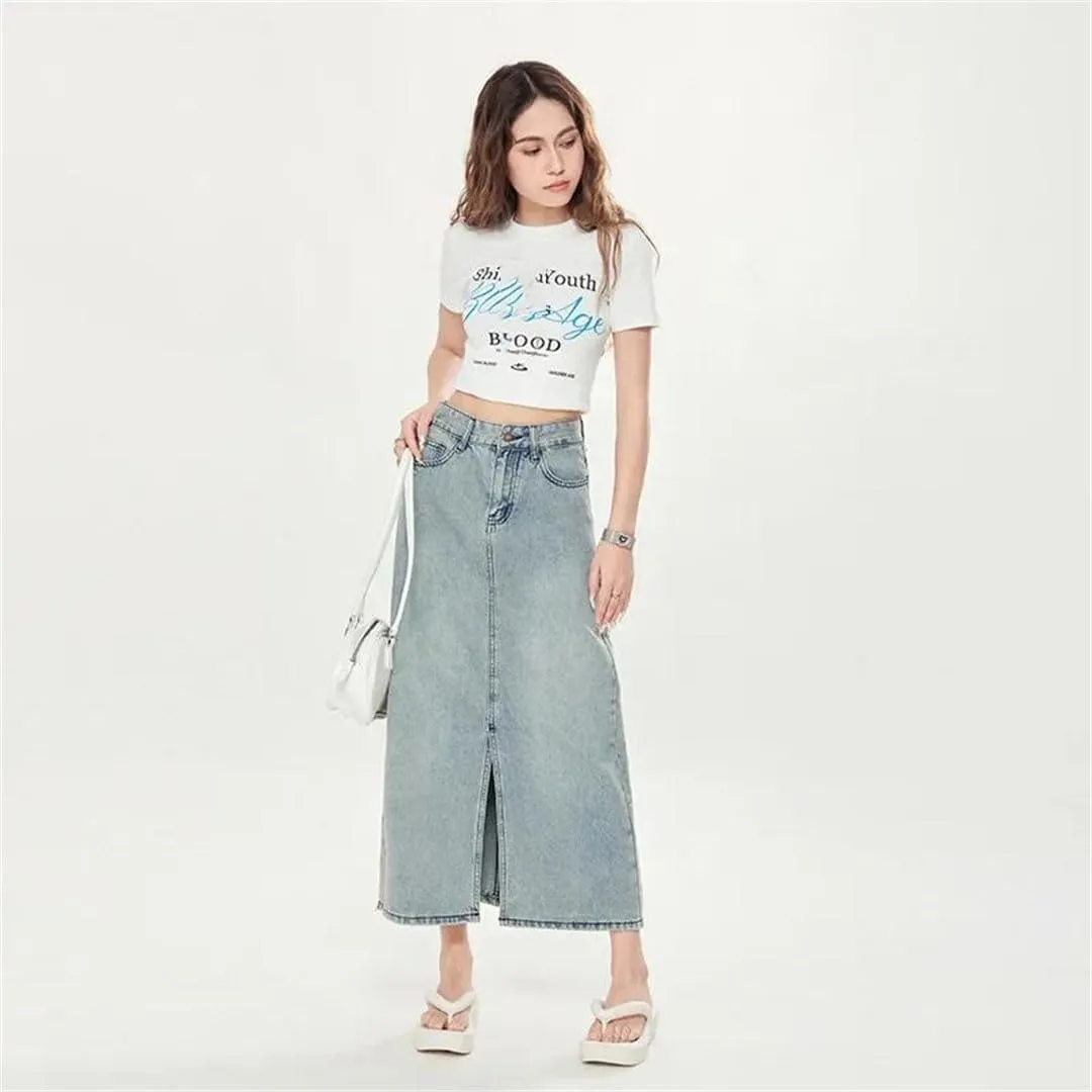 Women's Design High-Waisted Side Slit Denim Loose Fit Slimming A- Line Medium Length Skirt