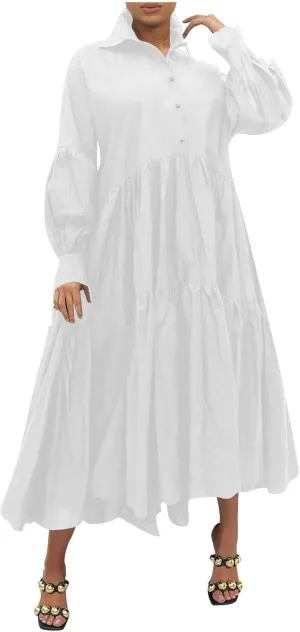 Womens Dresses Casual Fall Lapel Lantern Long Sleeve Maxi Dresses Loose Fit Solid Flowy Swing Tiered Fall Dresses Plus Size Dresses White XL