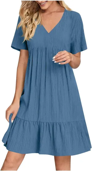 Womens Dresses Summer Plus Size Short Sleeve V Neck Casual Flowy Tshirt Dress Beach Travel Vacation Mini Sundress
