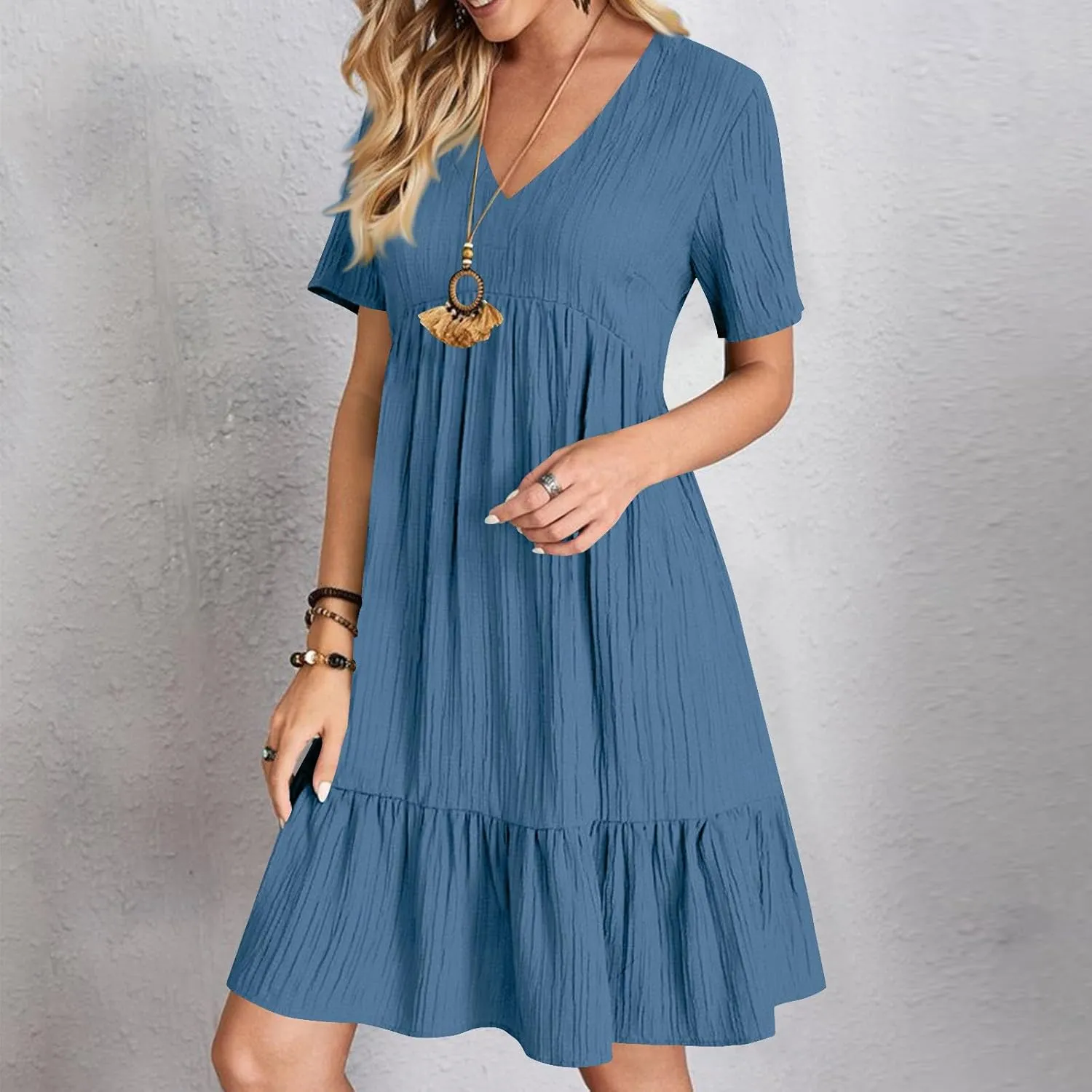 Womens Dresses Summer Plus Size Short Sleeve V Neck Casual Flowy Tshirt Dress Beach Travel Vacation Mini Sundress