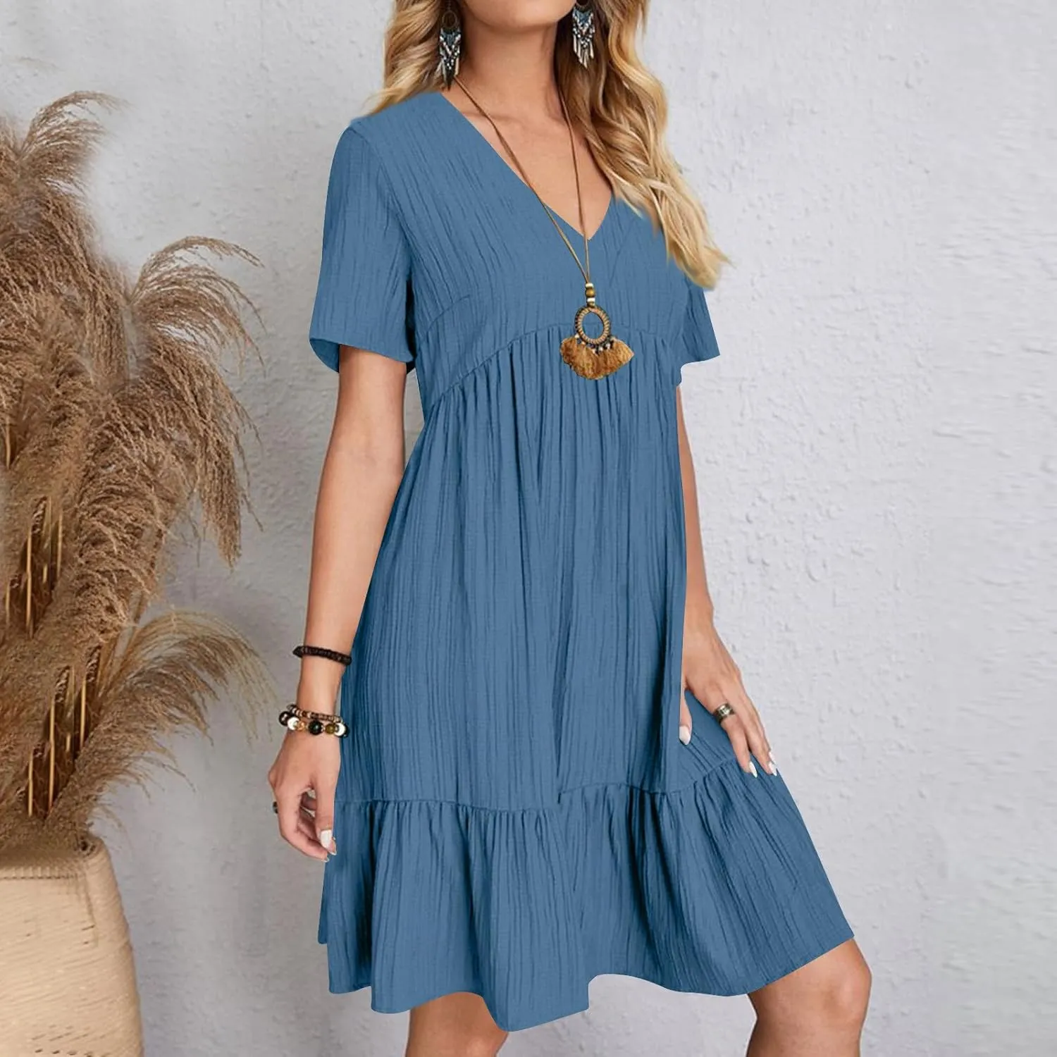 Womens Dresses Summer Plus Size Short Sleeve V Neck Casual Flowy Tshirt Dress Beach Travel Vacation Mini Sundress
