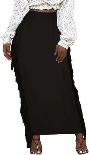 Women's Elastic High Waist Slim Bodycon Side Tassels Long Maxi Pencil Skirts Trendy Fashion Midi Skirt for Ladies