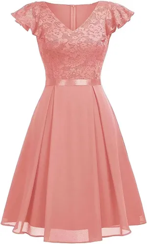 Women's Elegant Floral Lace V Neck Ruffle Cap Sleeve Cocktail Party Dress Bridesmaid Prom Dresses Vintage Swing Dress