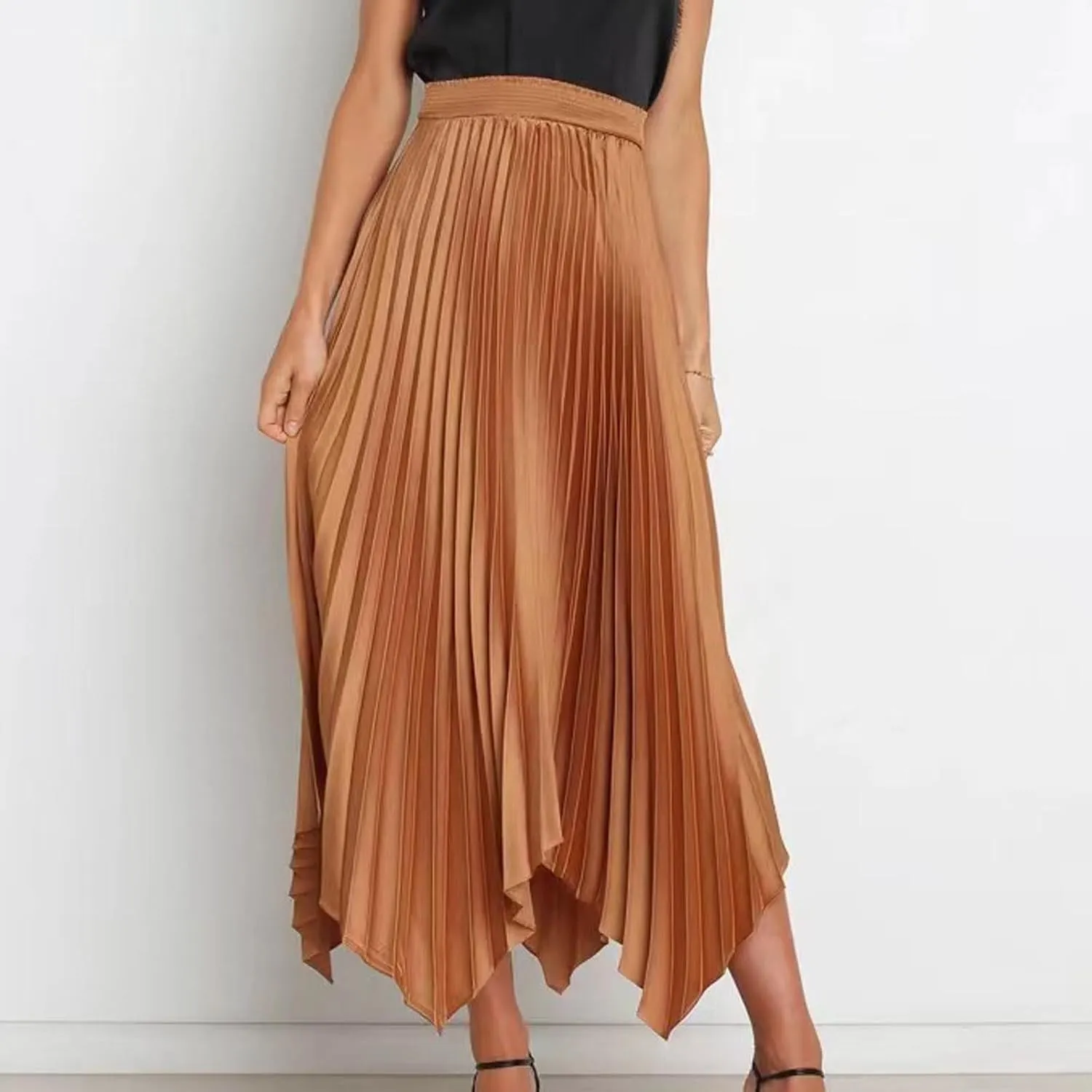 Women's Elegant Skirts High Waisted Pleated A Line Silk Skirts Irregular Flowy Work Skirts Casual Summer Midi Skirts
