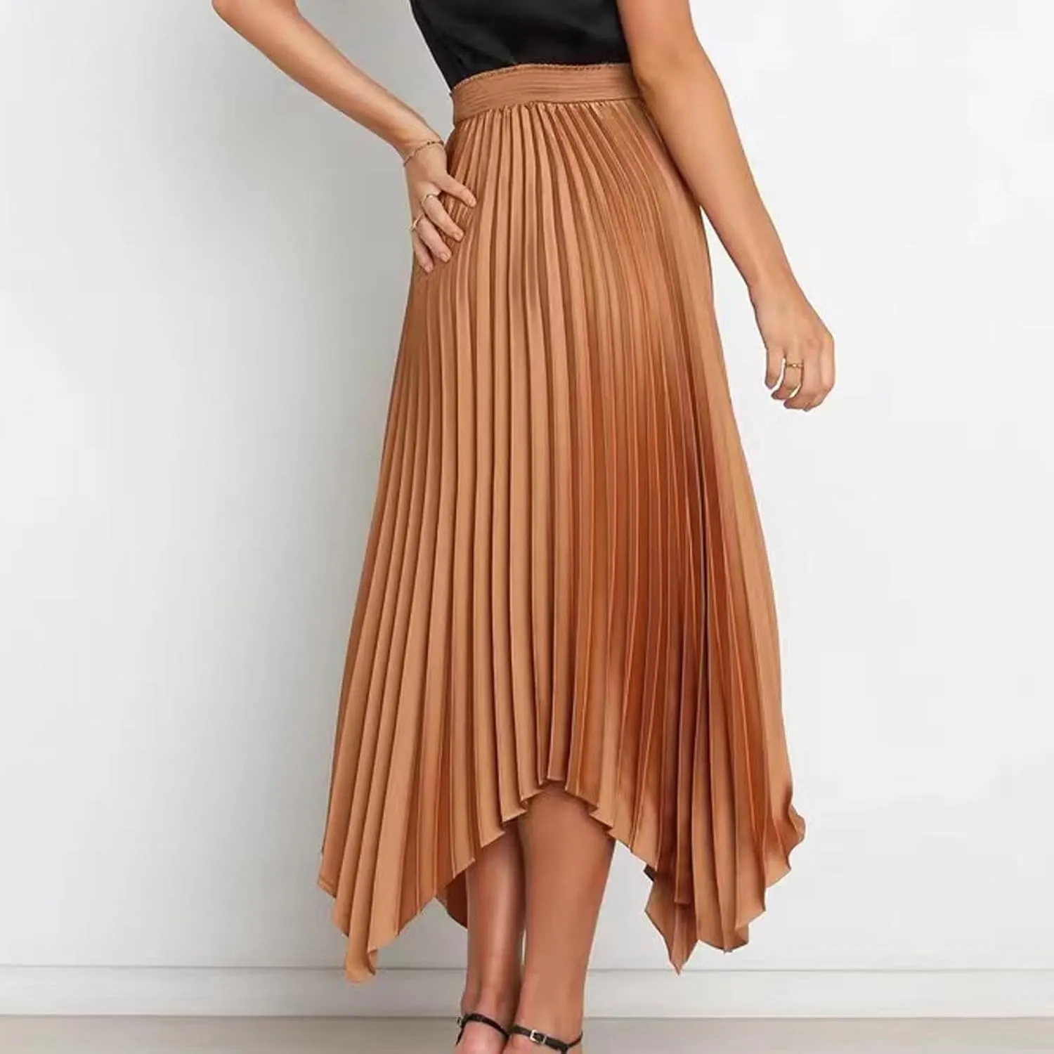 Women's Elegant Skirts High Waisted Pleated A Line Silk Skirts Irregular Flowy Work Skirts Casual Summer Midi Skirts