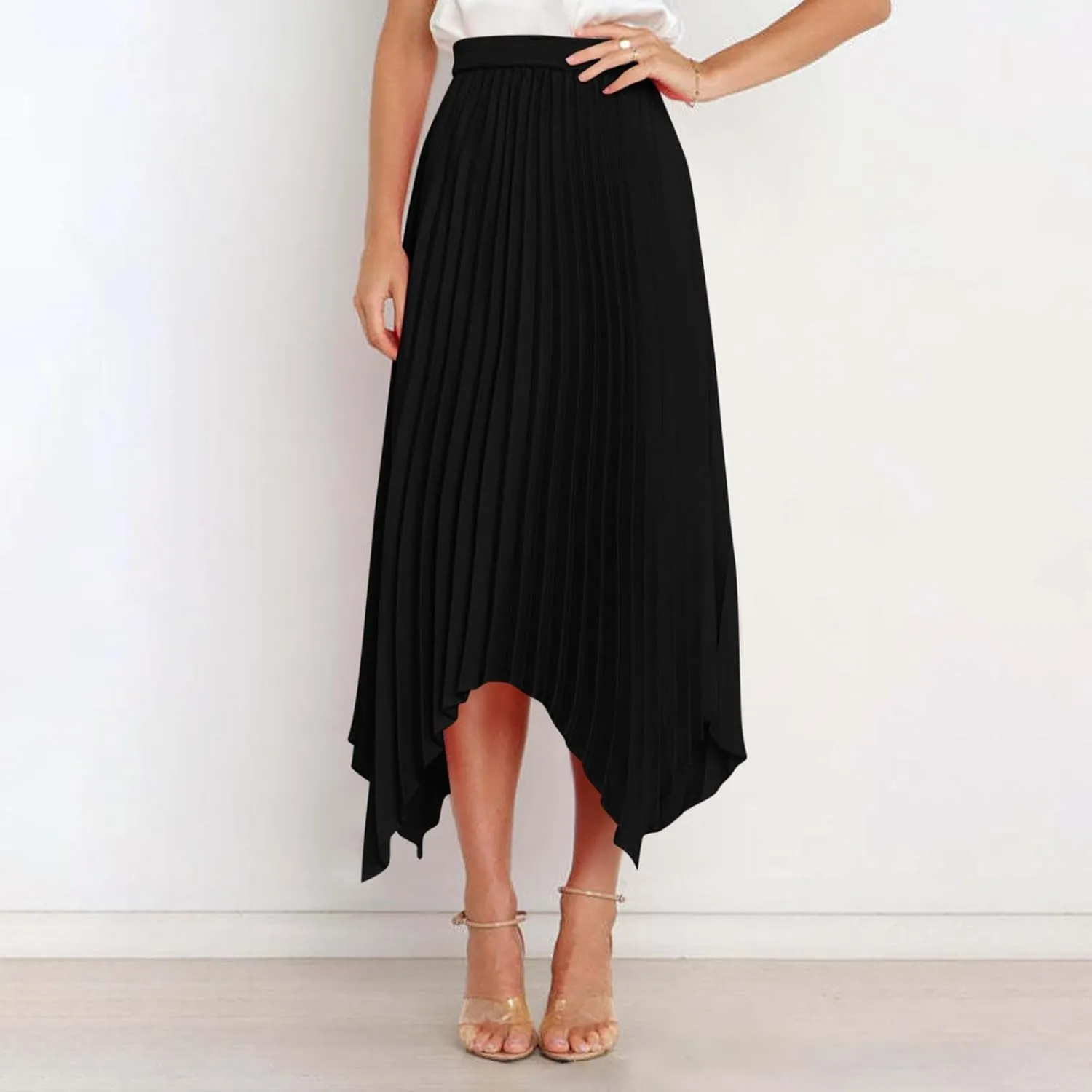 Women's Elegant Skirts High Waisted Pleated A Line Silk Skirts Irregular Flowy Work Skirts Casual Summer Midi Skirts