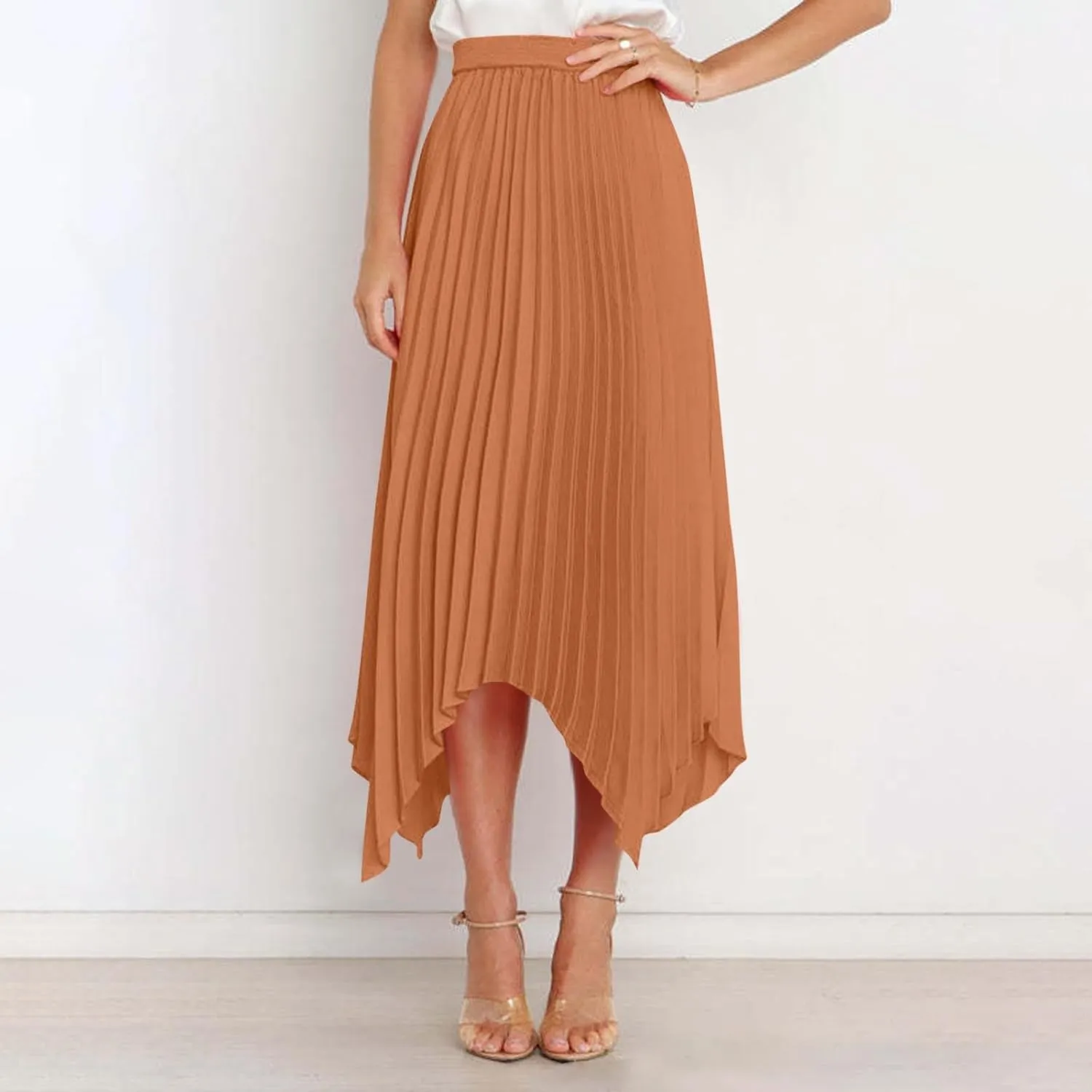 Women's Elegant Skirts High Waisted Pleated A Line Silk Skirts Irregular Flowy Work Skirts Casual Summer Midi Skirts