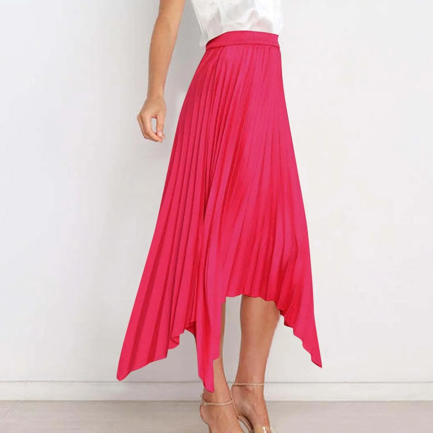 Women's Elegant Skirts High Waisted Pleated A Line Silk Skirts Irregular Flowy Work Skirts Casual Summer Midi Skirts