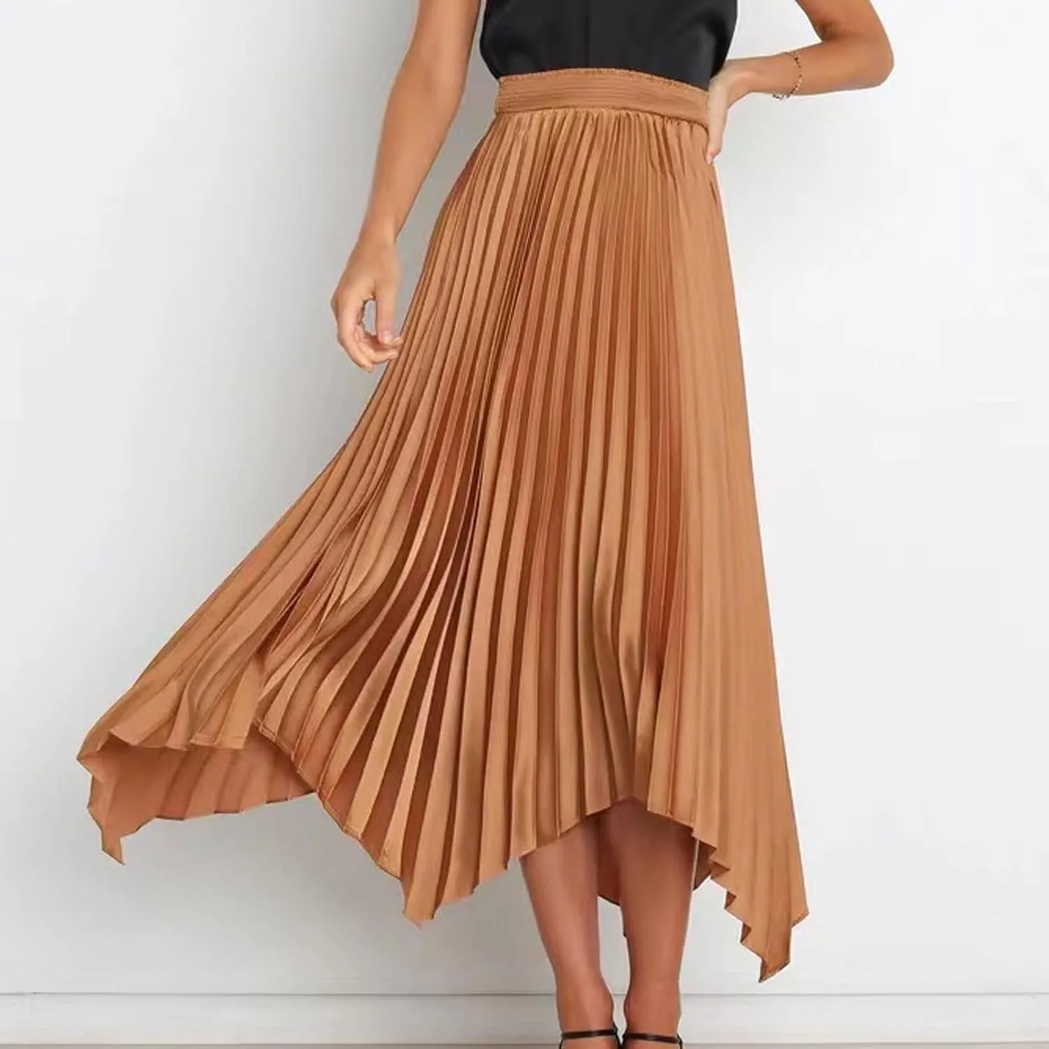 Women's Elegant Skirts High Waisted Pleated A Line Silk Skirts Irregular Flowy Work Skirts Casual Summer Midi Skirts