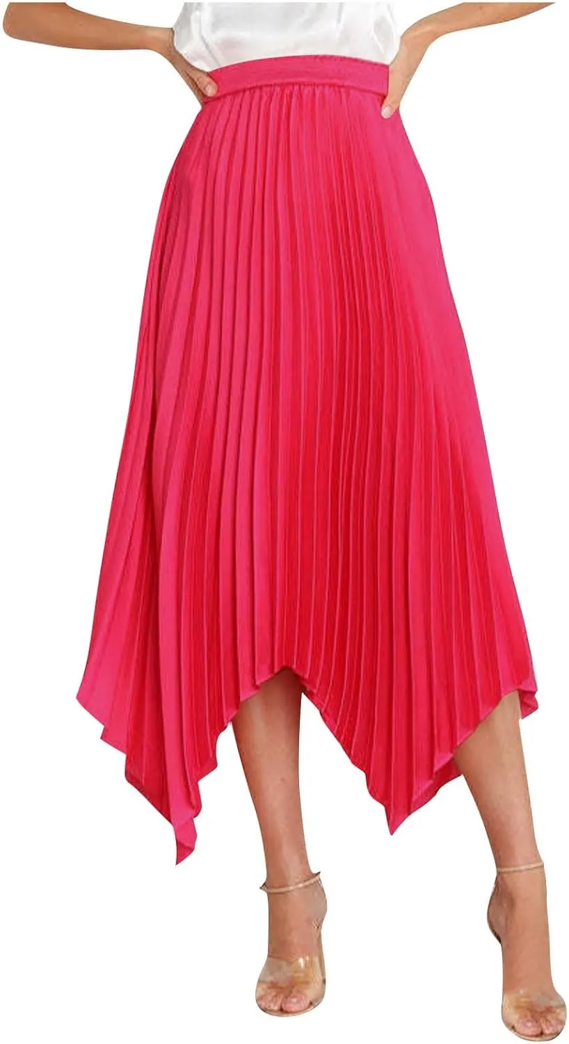 Women's Elegant Skirts High Waisted Pleated A Line Silk Skirts Irregular Flowy Work Skirts Casual Summer Midi Skirts