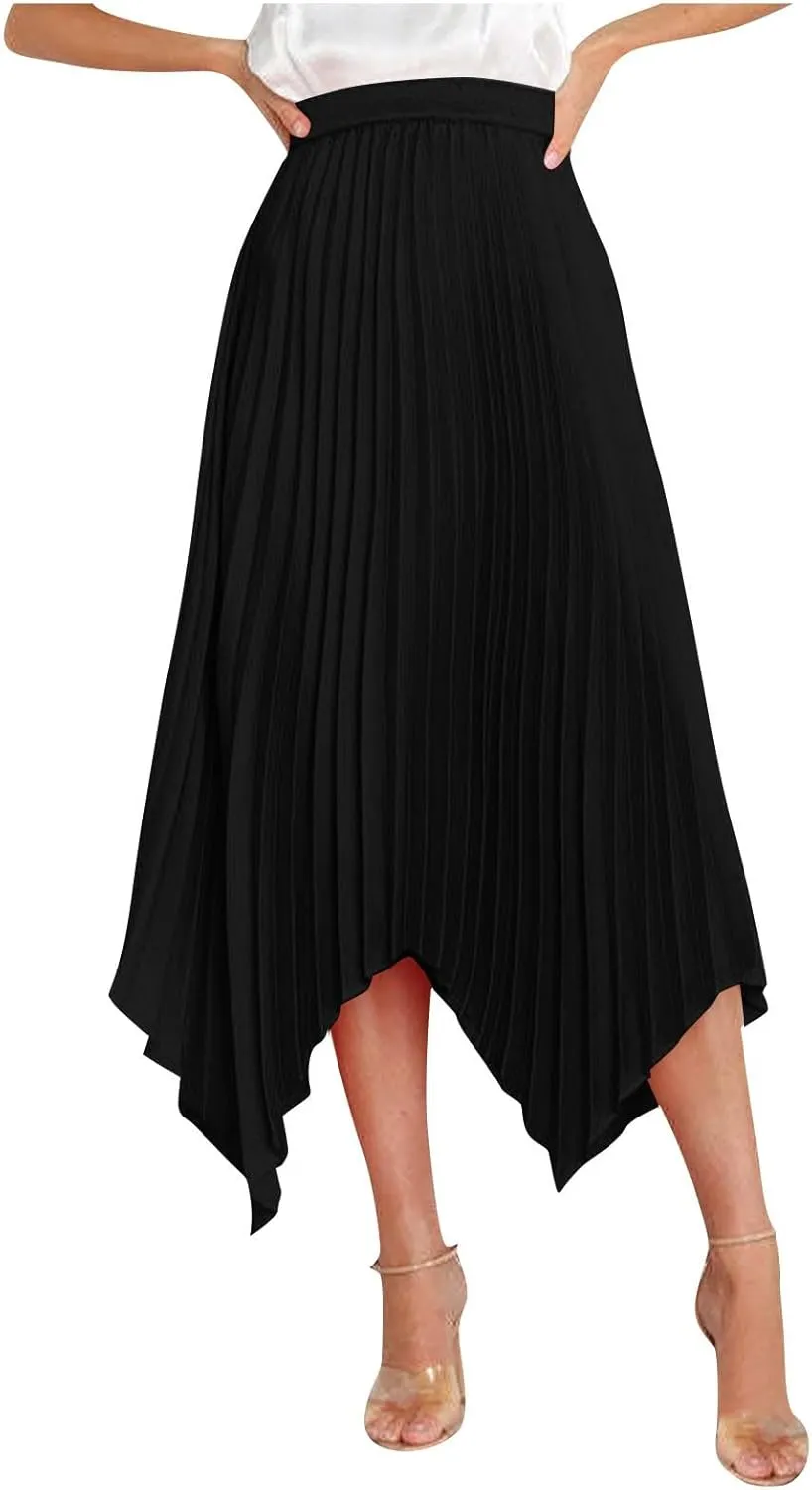 Women's Elegant Skirts High Waisted Pleated A Line Silk Skirts Irregular Flowy Work Skirts Casual Summer Midi Skirts
