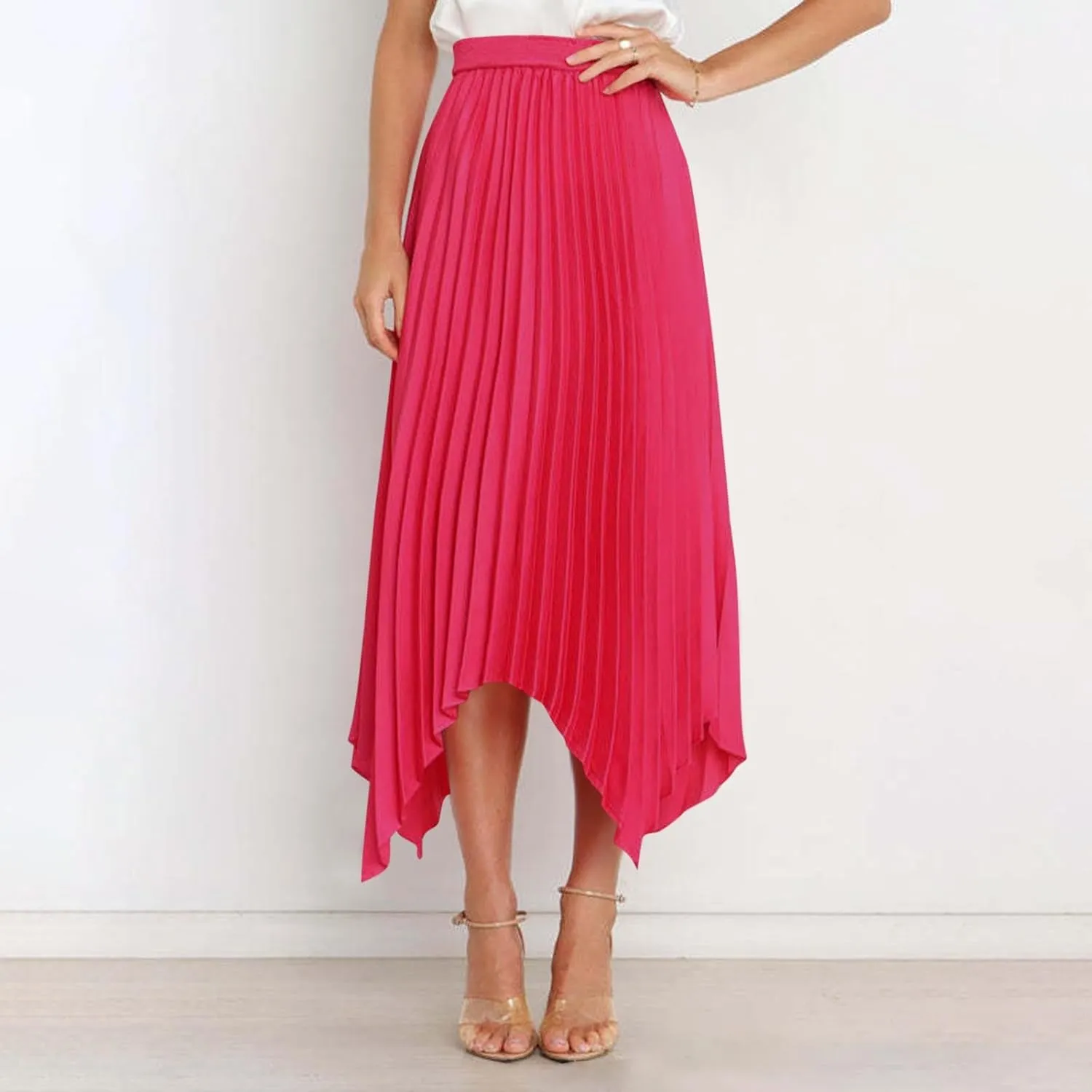 Women's Elegant Skirts High Waisted Pleated A Line Silk Skirts Irregular Flowy Work Skirts Casual Summer Midi Skirts
